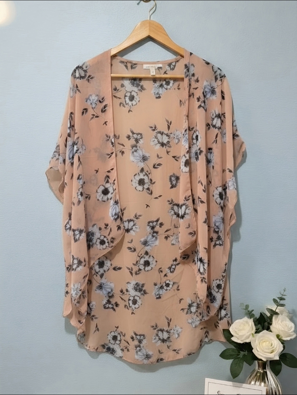Sheer Floral Open-Front Kimono Tunic in Peach
